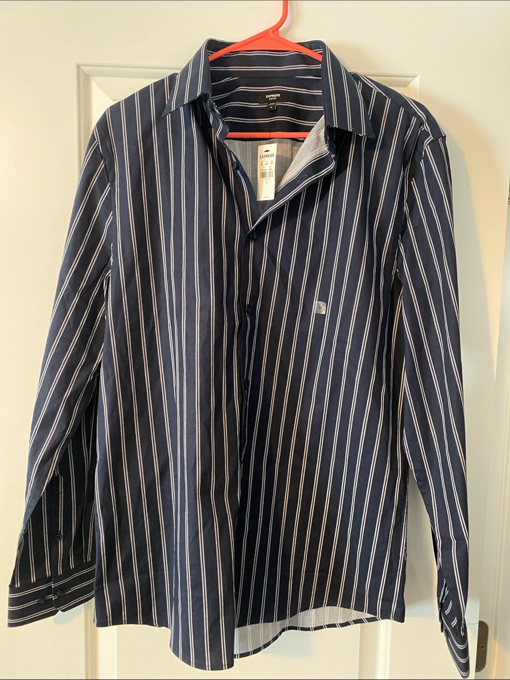 Express Men’s Navy Blue Pinstripe Button-Up Dress Shirt